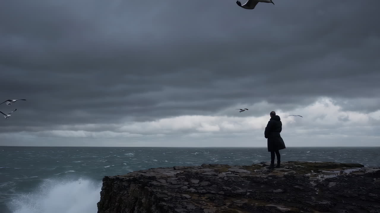 Solitary Figure on a Rocky Coast During a Storm