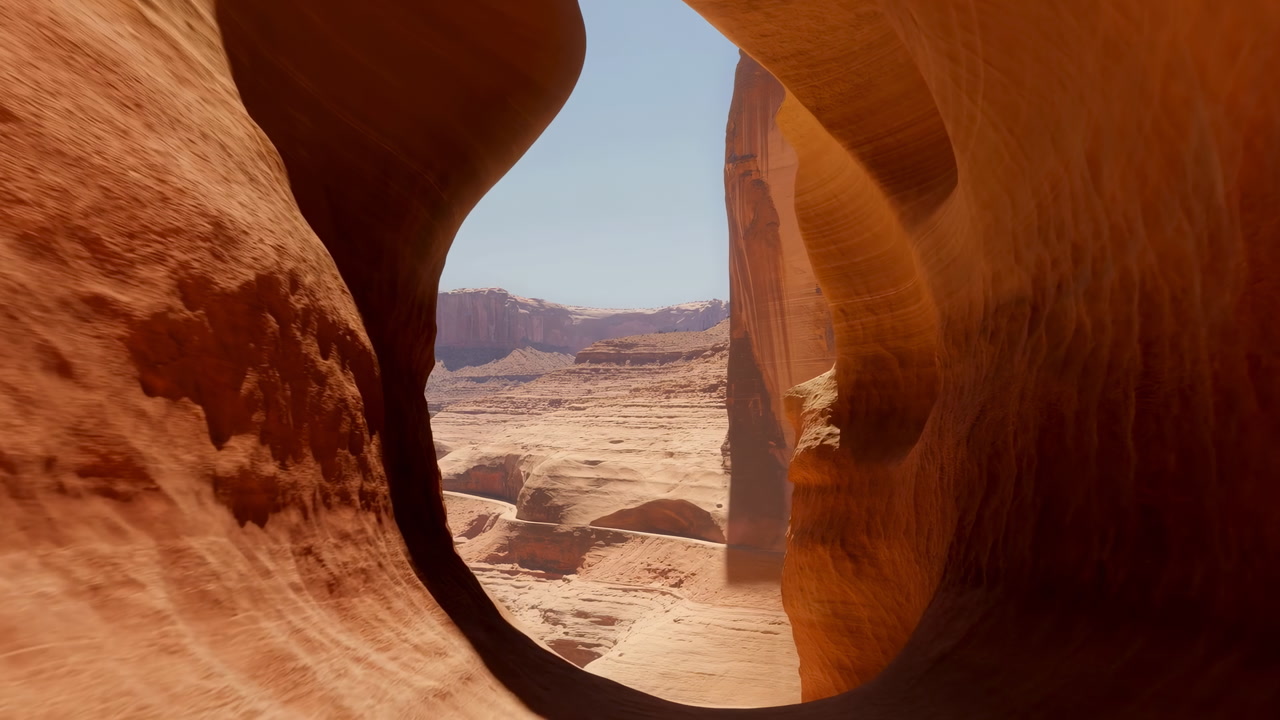 Sunlit Sandstone Slot Canyon Opening Reveals Distant Valley Framed By Sweeping Eroded Walls, Warm Orange