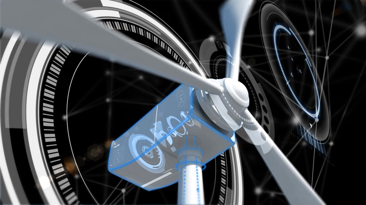 Animation of wind turbine and network of connections on black background