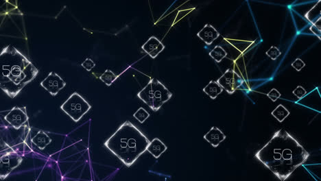animation of network of connections with 5g text over shapes