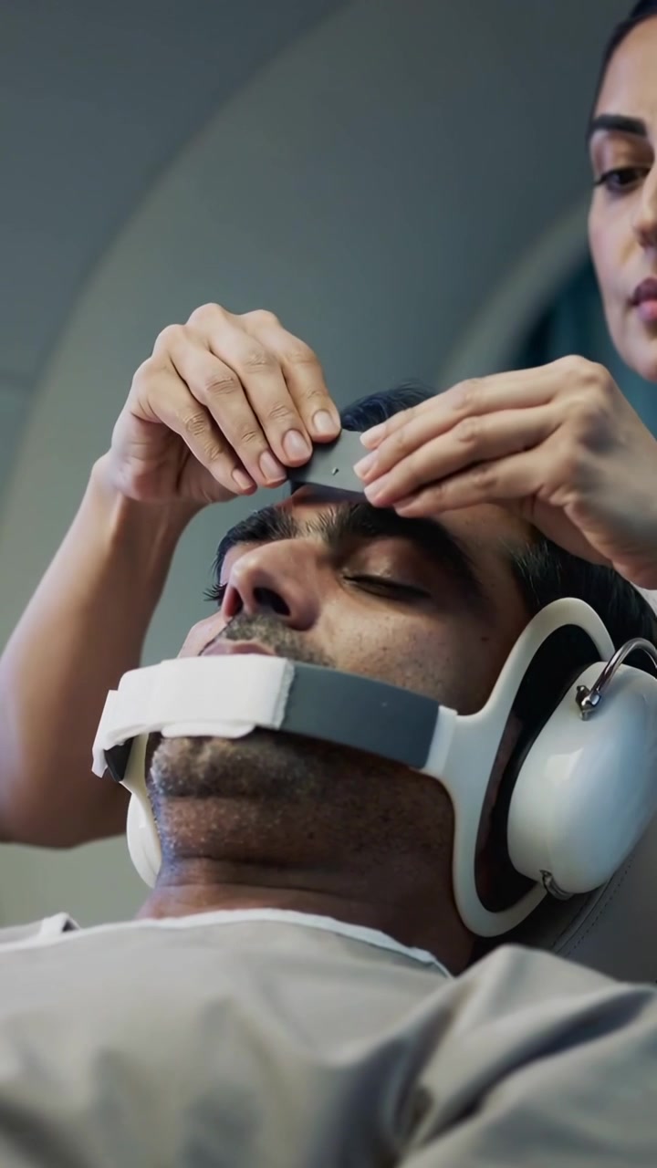 Video verticale: Posizionamento di elettrodi, tecnico in divisa medica che fissa una bobina su un uomo in camice per una scansione, posizionamento di un cuscinetto.