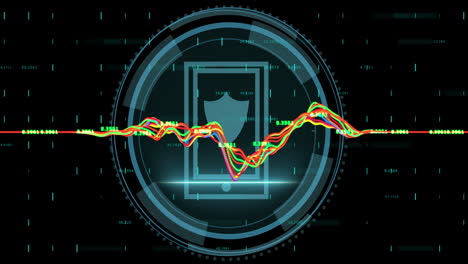 animación del procesamiento de datos y el icono del escudo de seguridad sobre el escáner redondo contra un fondo negro