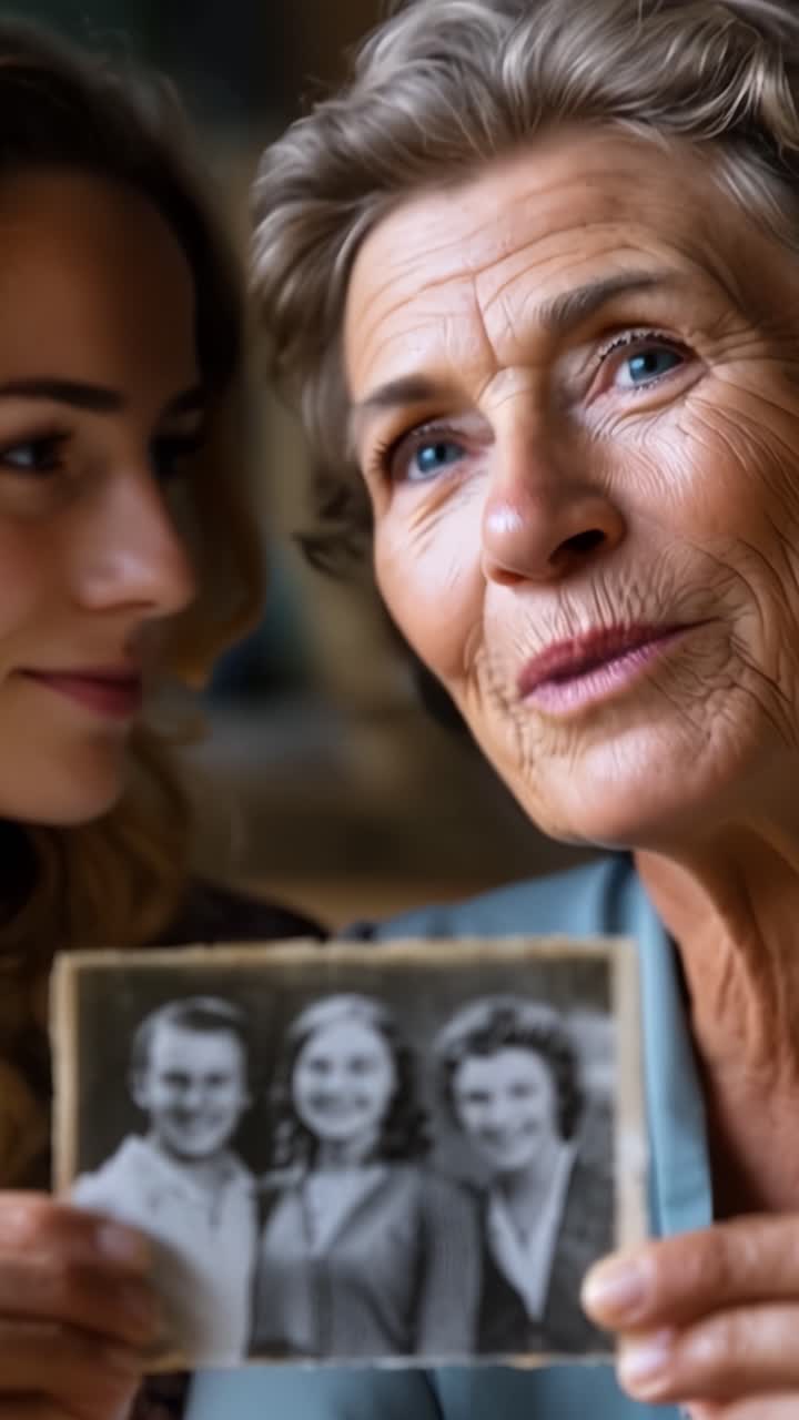 A Heartfelt Connection: A Woman and Her Granddaughter Reflect on Memories via a Vintage Family Photograph of Three Young People from a Bygone Era