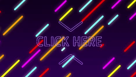 Animation-Von-„Hier-Klicken“-Neontext-über-Neonfarbenen-Kutteln-Auf-Violettem-Hintergrund