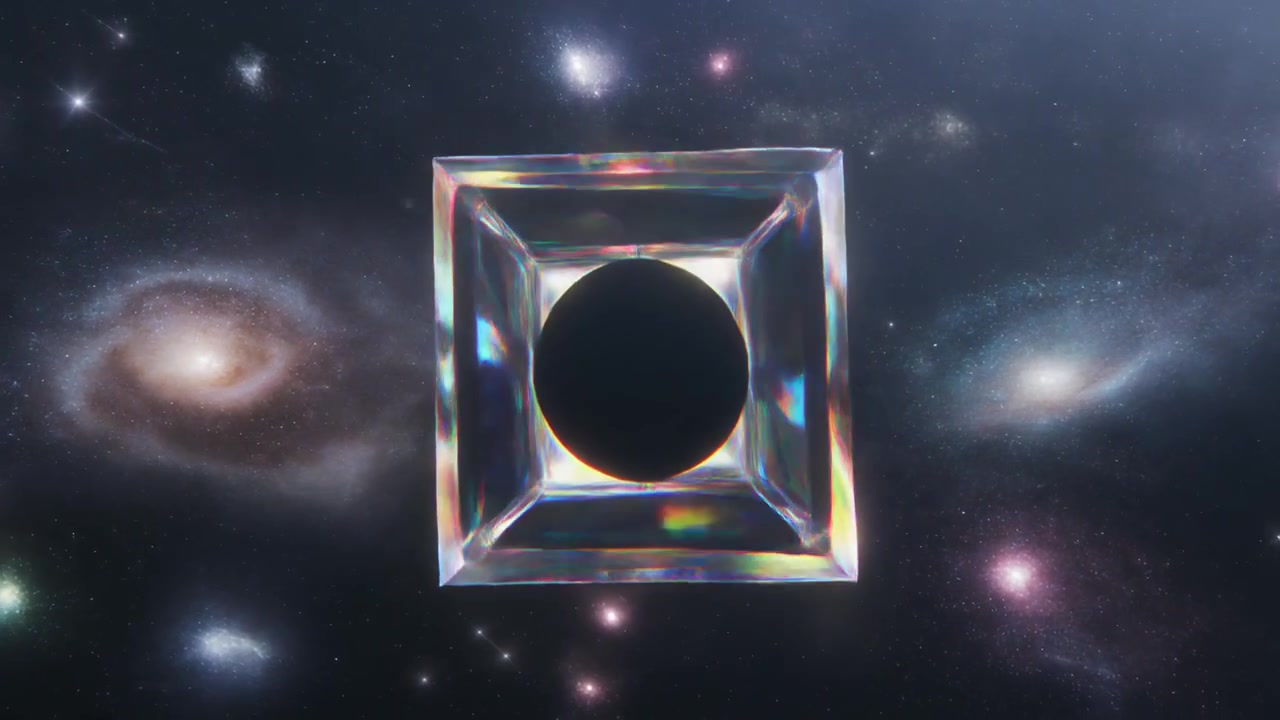 Abstract Rotating Glass Cube with Black Core in Deep Space