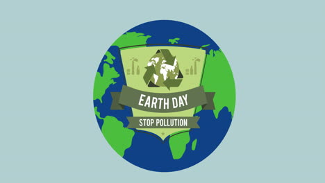 animation of ecology earth day text and logo on globe, with blue background