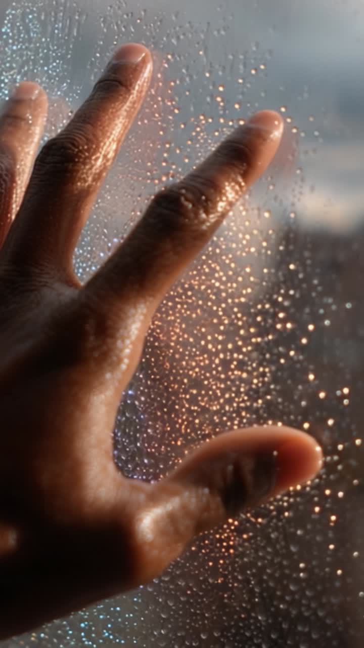 A Hand Touching a Rain-Drenched Window, Capturing the Essence of Reflection, Emotions, and Nature's Beauty in a Moment of Contemplation and Serenity