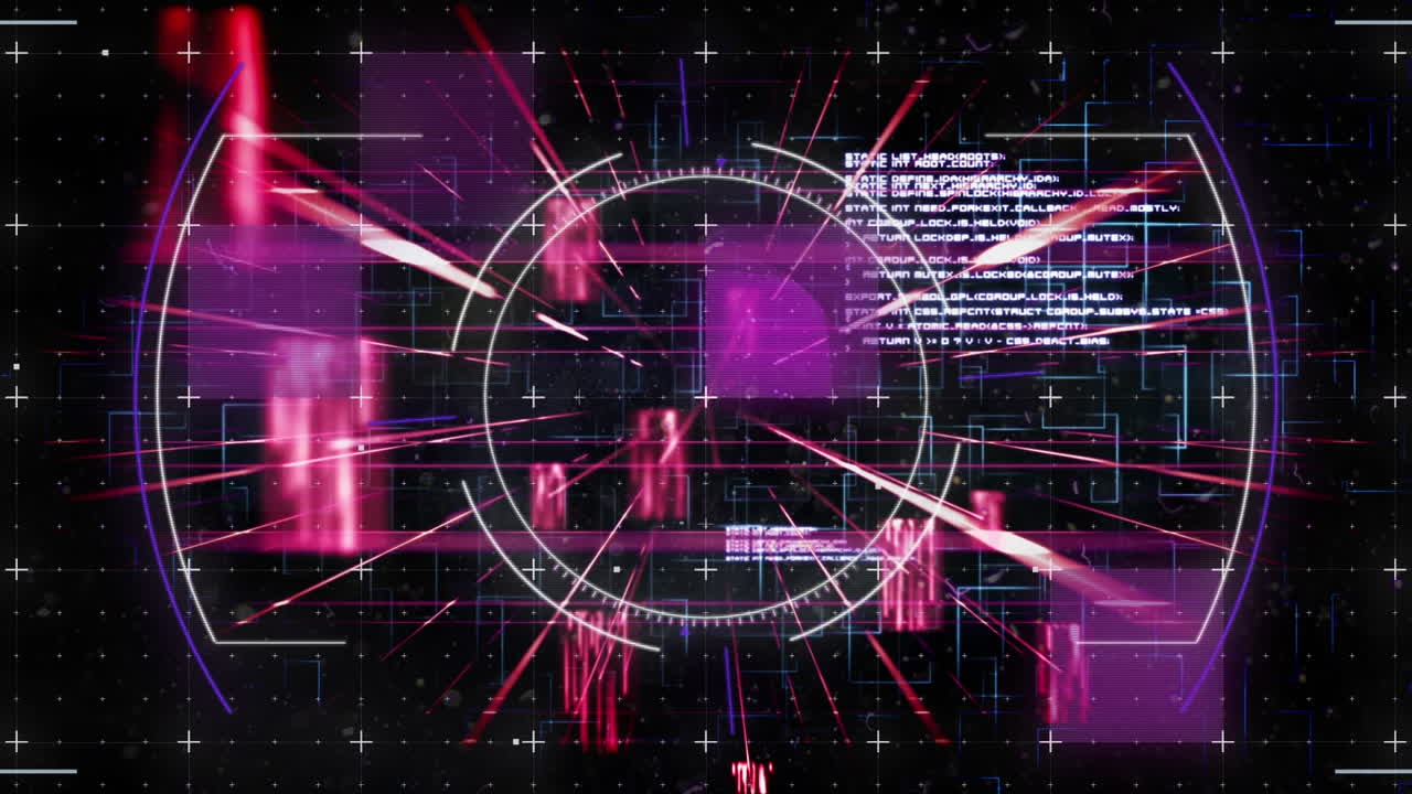 Digital animation of neon round scanner and data processing against black background