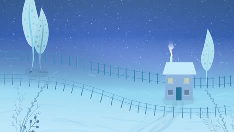 Animation-of-snow-falling-over-house-in-winter-landscape