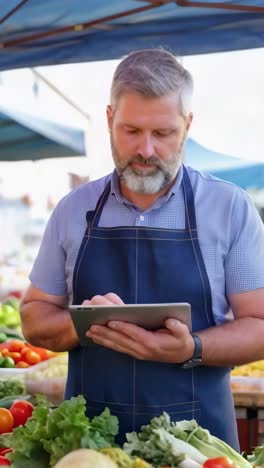 a man wearing a blue apron is looking at a tablet while standing in front of a vegetable stand