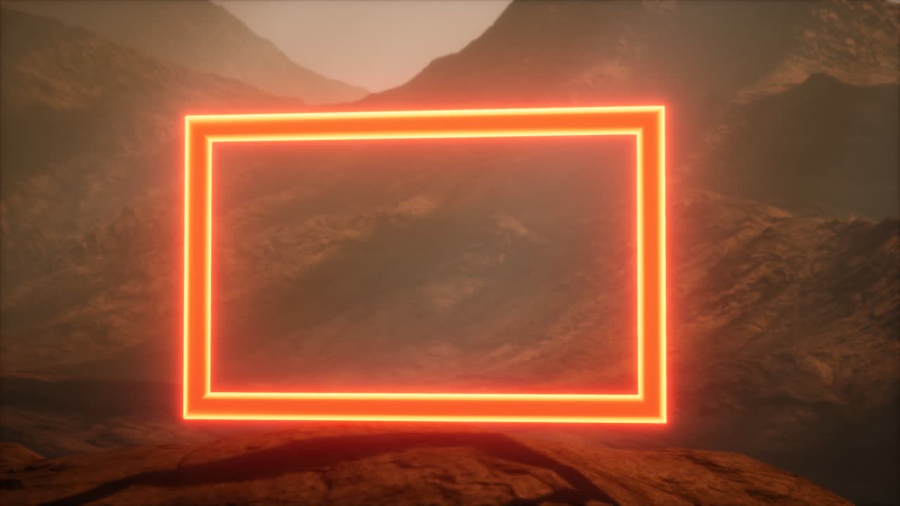 portal de neón en la superficie del planeta marte con el soplo de polvo