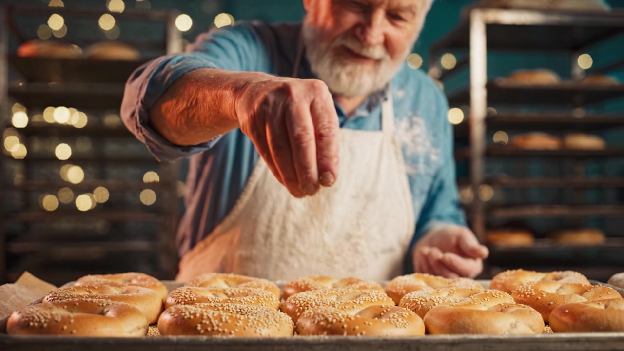 Ein erfahrener Bäcker verziert akribisch frische Bagels mit Sesamsamen, zeigt die Kunst des Brotbackens in einer warmen, einladenden Bäckerei-Umgebung