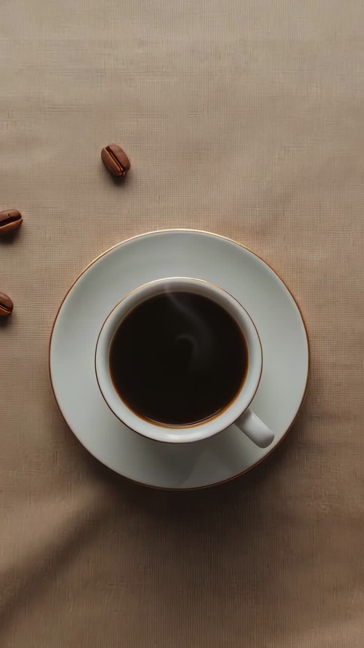 Video verticale: fagioli ingranditi che scivolano e si depositano accanto alla tazza, per mostrare il caffè nero fumante