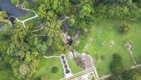 Japanese-Garden-and-Riverfront-at-Maymont-Park-in-Richmond,-Virginia-|-Aerial-Top-Down-View-Panning-Up-|-Summer-2021