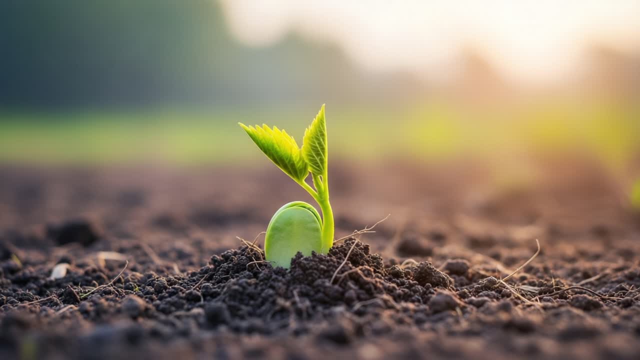 A Vibrant Seedling Emerging from Rich Soil, Symbolizing New Beginnings and Growth in Nature's Lifecycle as the Sun Shines in the Background