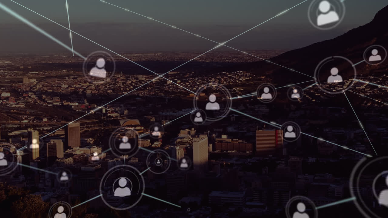 animación de la red de conexiones con iconos sobre el paisaje urbano