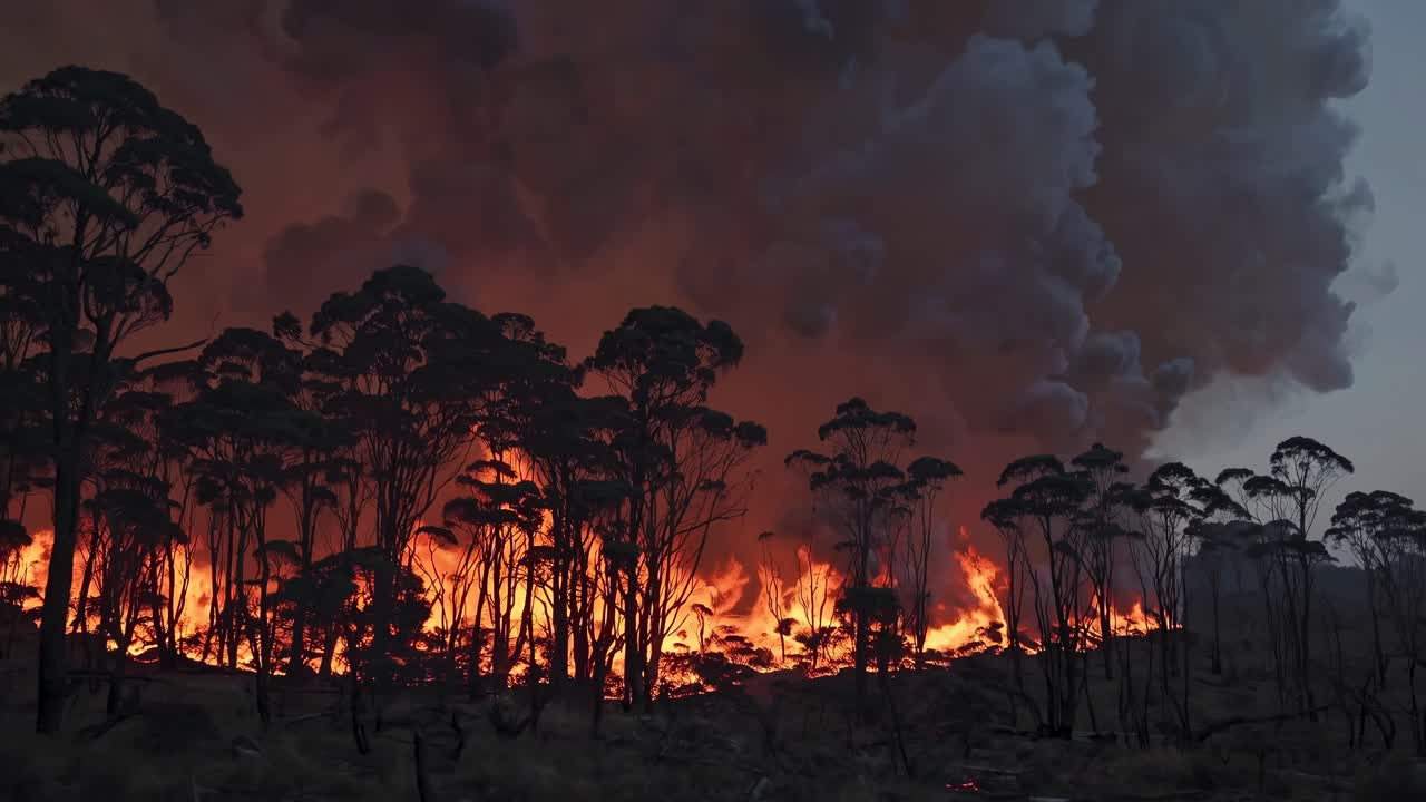 Video 4K ad angolo ampio e drammatico di un incendio boschivo, che cattura fiamme intense e un denso fumo che si alza