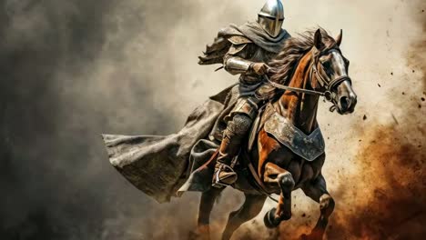 Epic medieval knight on horseback, charging through smoke