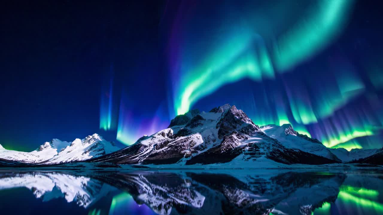 A mesmerizing wide-angle shot of the Northern Lights over snowy mountains, reflecting in a calm