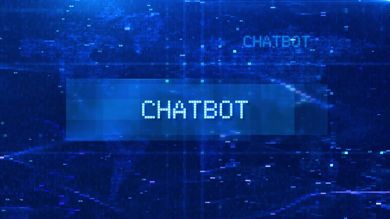 CHATBOT-tekst med digital glitch-effekt på blå baggrund