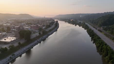 kanawha-river-at-sunrise-aerial-push-in-aerial-in-charleston-west-virginia