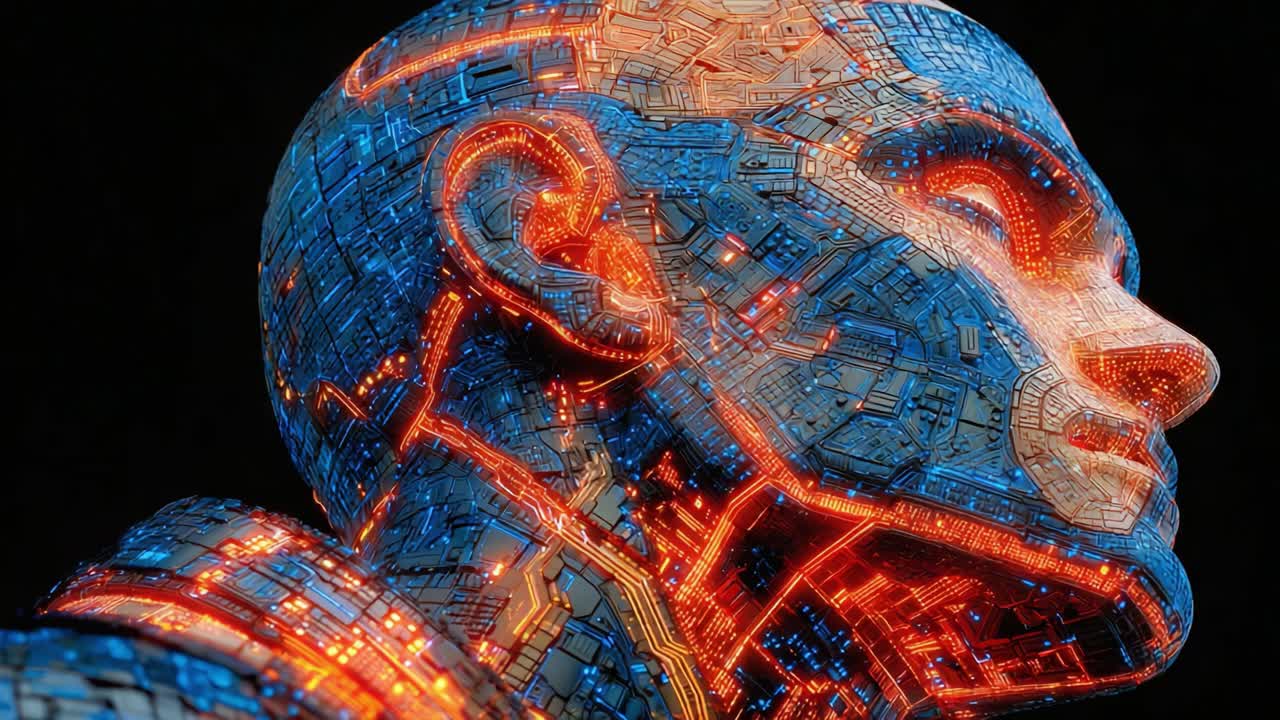 A futuristic humanoid figure, intricately designed with circuits and glowing patterns, symbolizes the intersection of technology and art, showcasing captivating detail and innovation