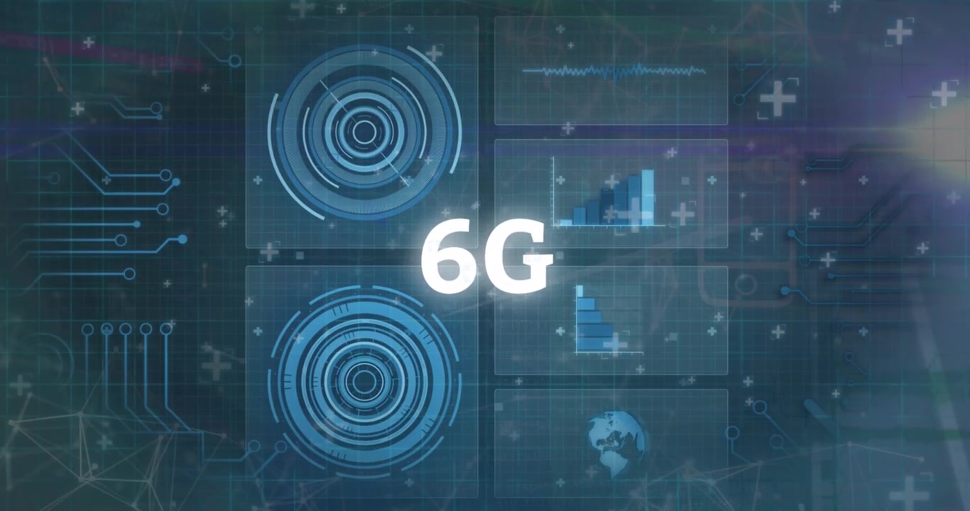 Animation of 6g text over data processing on black background