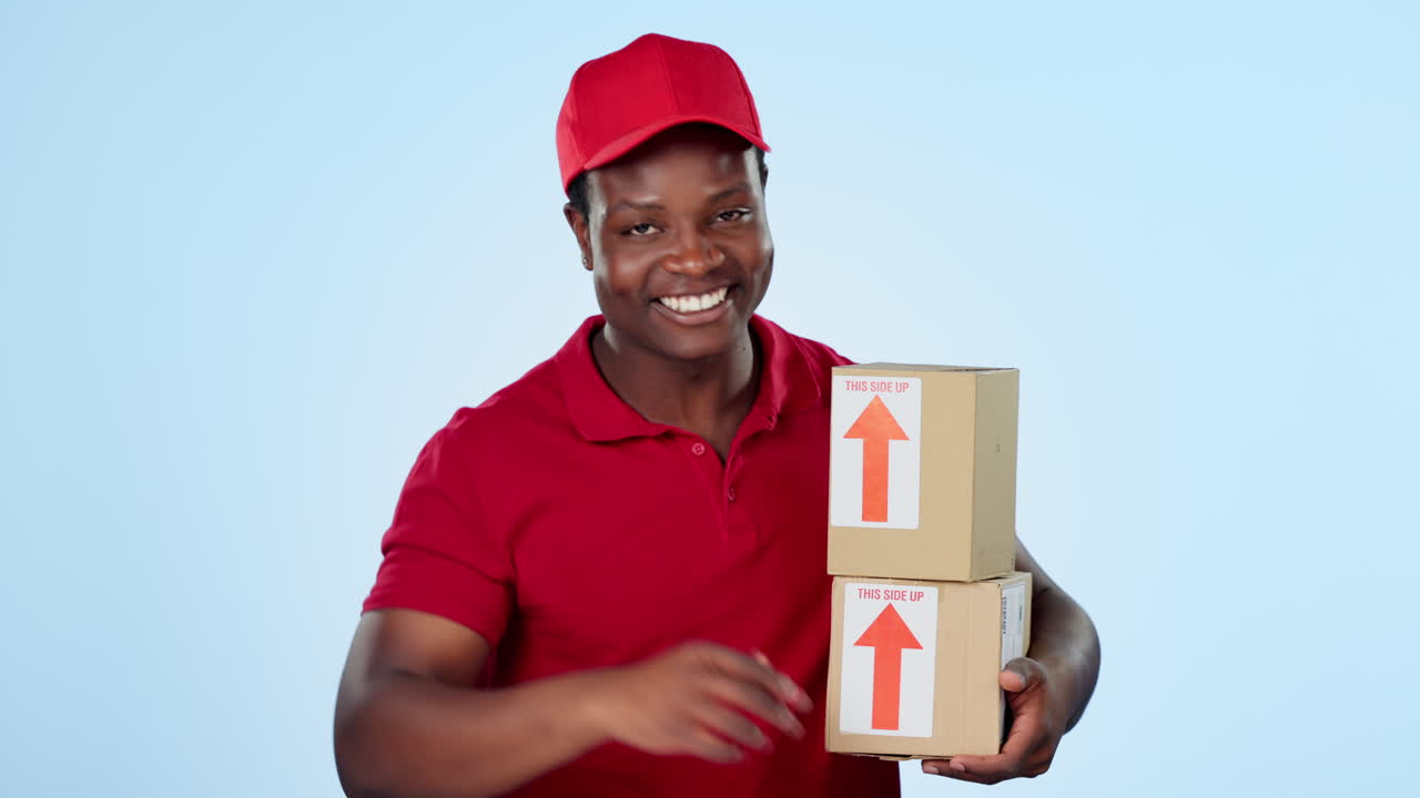 Boxes delivery, greeting or happy man in studio
