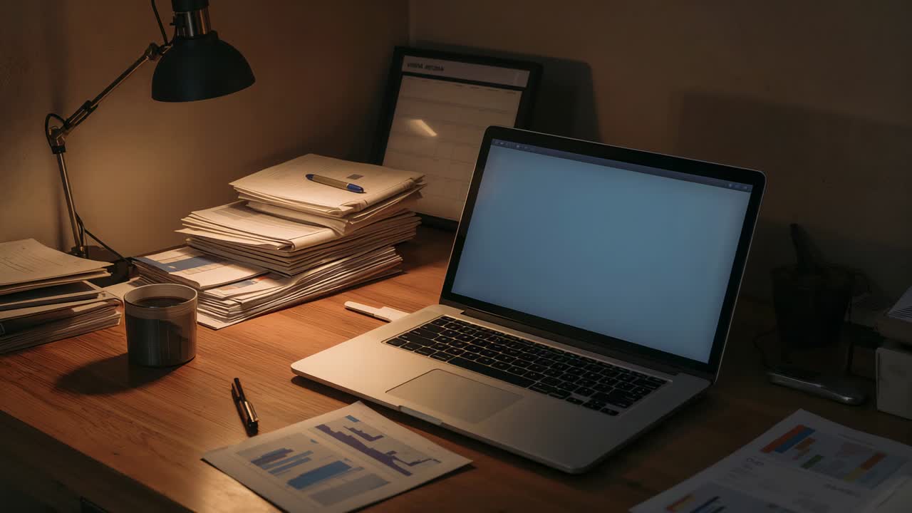 Starting camera recording, capturing silver laptop at home desk, showing lamp and charts for review