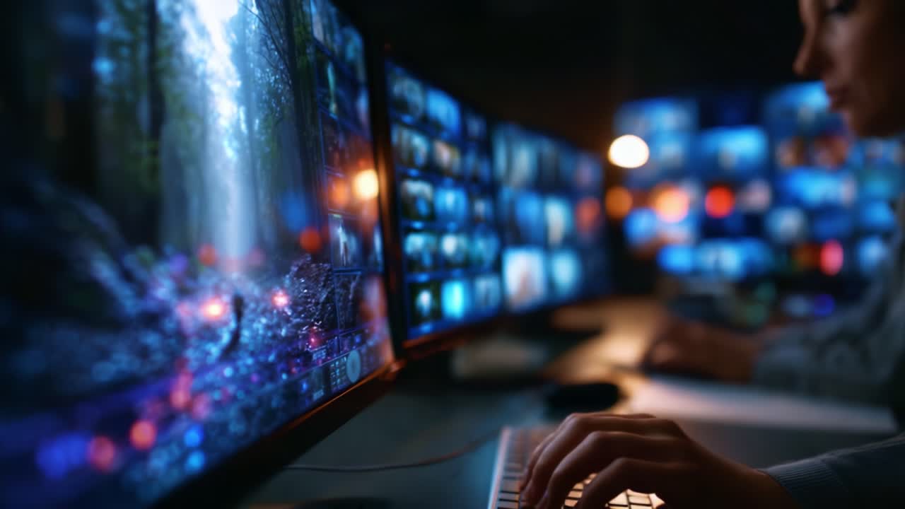 Un'analisi approfondita del video editing: catturare l'arte della narrazione visiva con display multi-schermo e flussi di lavoro creativi in un ambiente di studio scarsamente illuminato