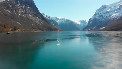 loen lake is covered with thin ice and it looks like it's the last signs of winter