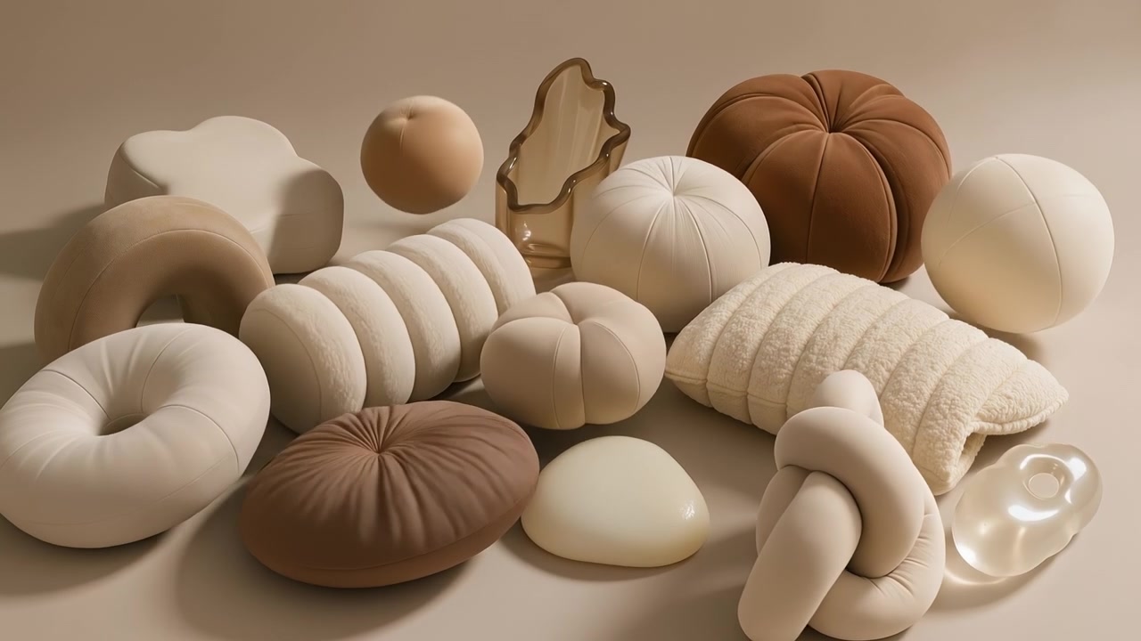 Collection de coussins et oreillers sculpturaux abstraits et doux dans des tons neutres de beige et de marron