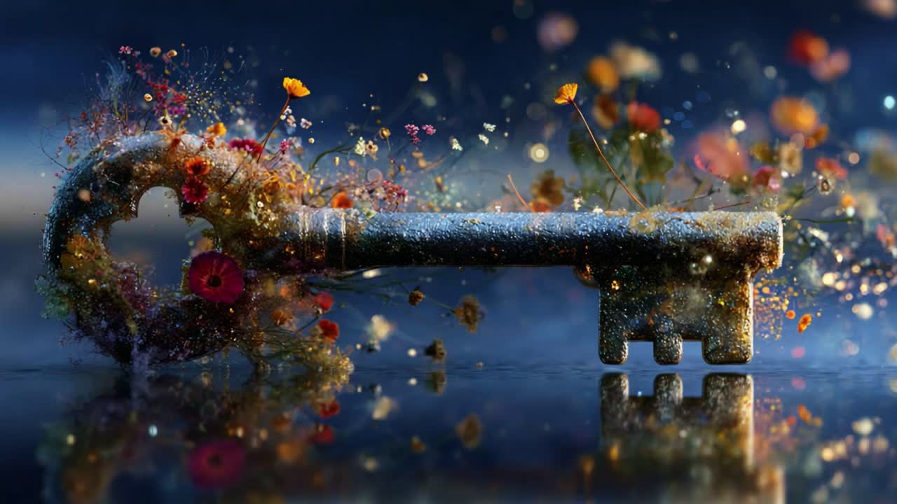 A Mystical Key Surrounded by Colorful Blossoms and Glittering Particles, Symbolizing Enchantment and Hidden Possibilities in a Dreamlike Atmosphere