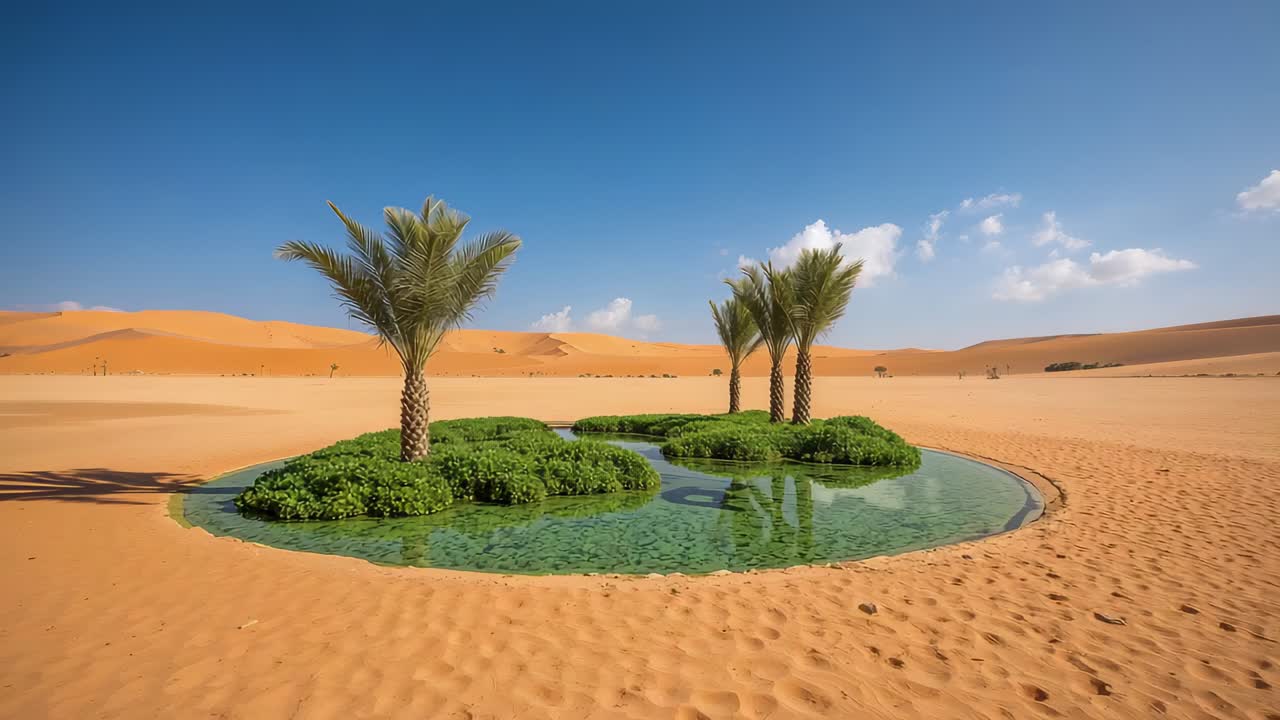 Camera in movimento che rivela un'oasi circolare nel deserto tra le dune di sabbia, con palme e riflessi
