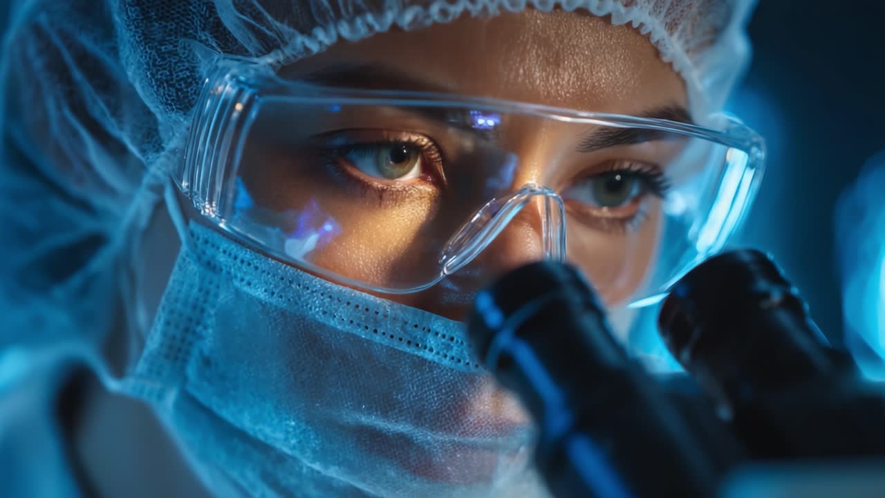 Uno scienziato dedicato profondamente immerso nella ricerca al microscopio, concentrandosi sui dettagli della vita in un luminoso ambiente di lavoro di laboratorio.