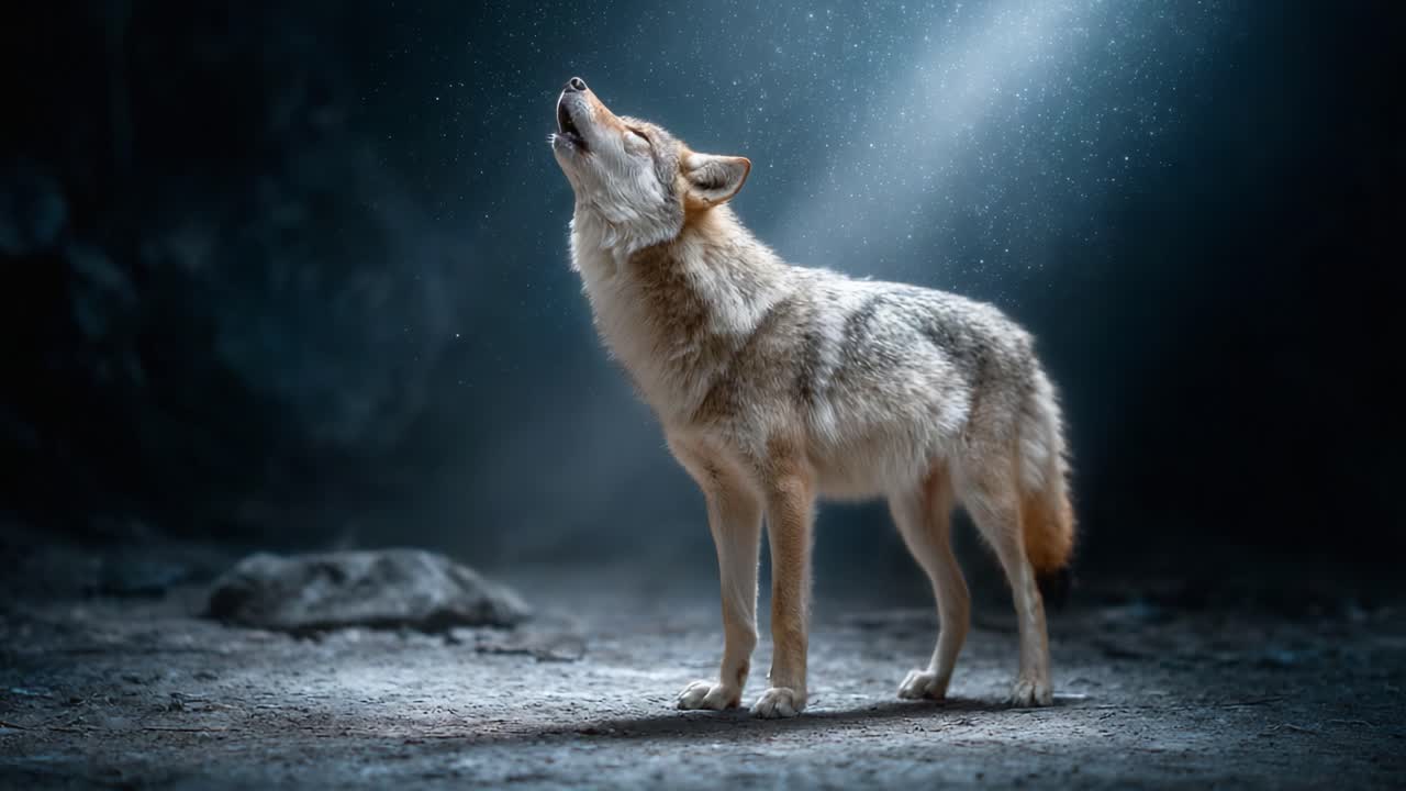 A Majestic Wolf Howling in the Moonlight Amidst a Mysterious Landscape of Shimmering Dust and Shadowy Background