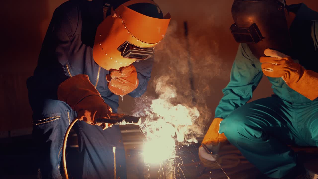 Metal welder working with arc welding machine