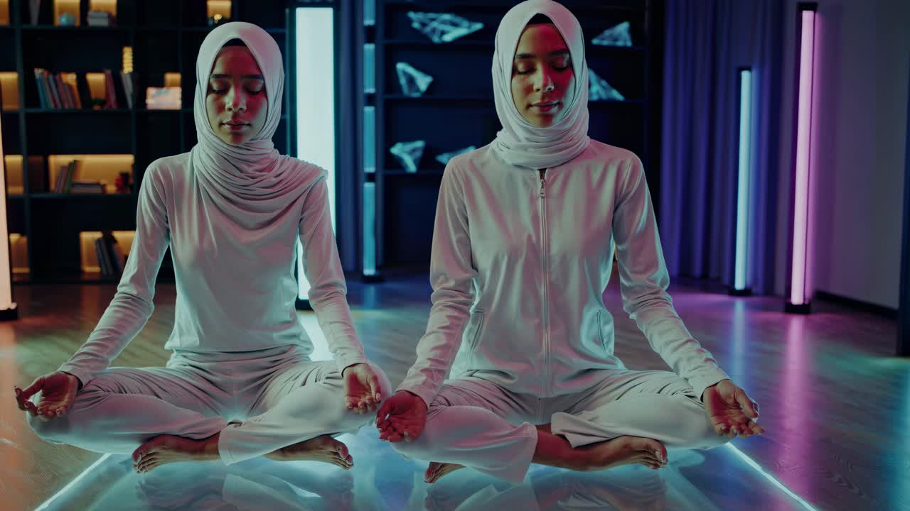 Two Women in Hijabs Meditating in a Modern Setting