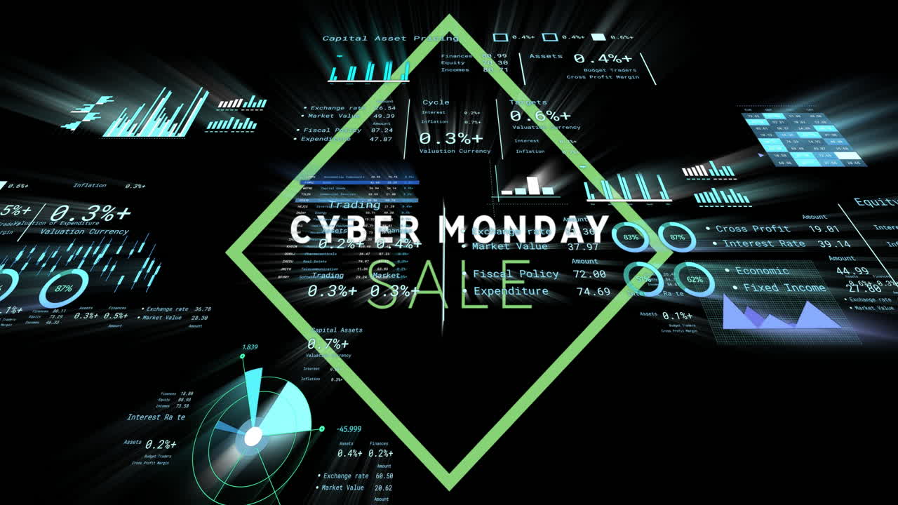 Animation of Cyber Monday sale text with digital data and graphs in background