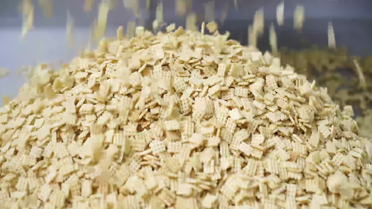 Cookie food cake factory on an assembly line, automated Cookies on a Conveyor Belt Production Line in a Factory, ready for packaging and distribution.