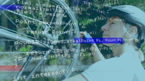 Animation of data processing over caucasian man checking wheel of bike outdoors