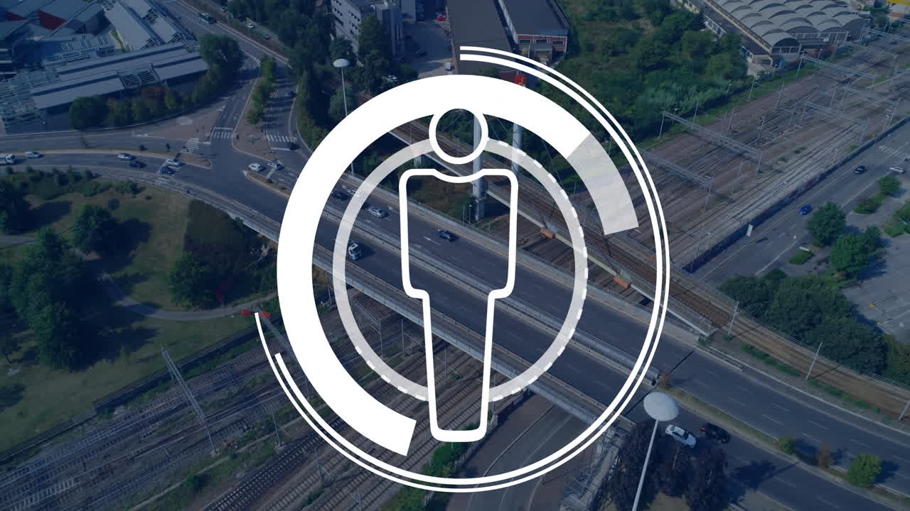 도시 풍경 위의 인간 아이콘으로 범위 스캔의 애니메이션