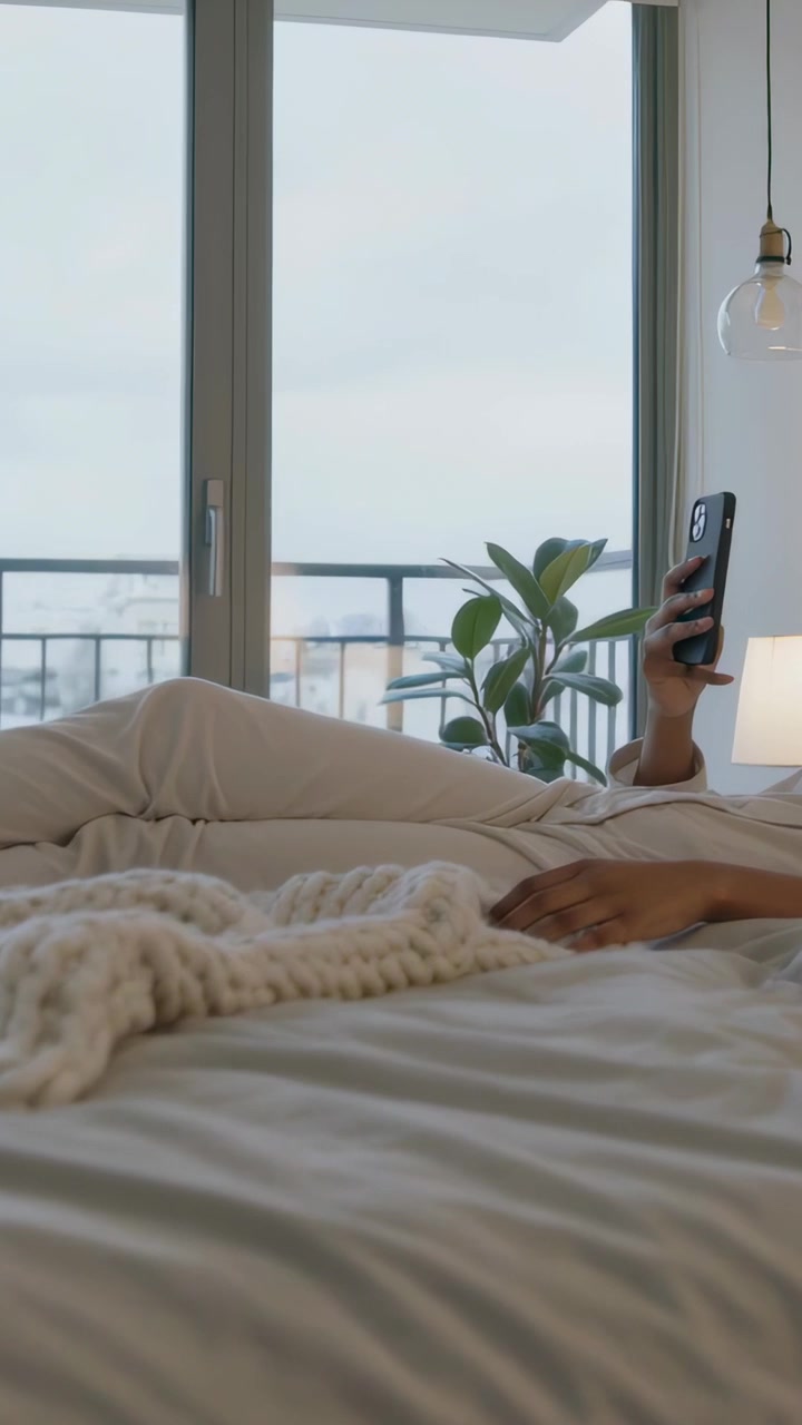 Vertical video: Shifting phone upward, woman in light pjs lying on bed by balcony with knit blanket