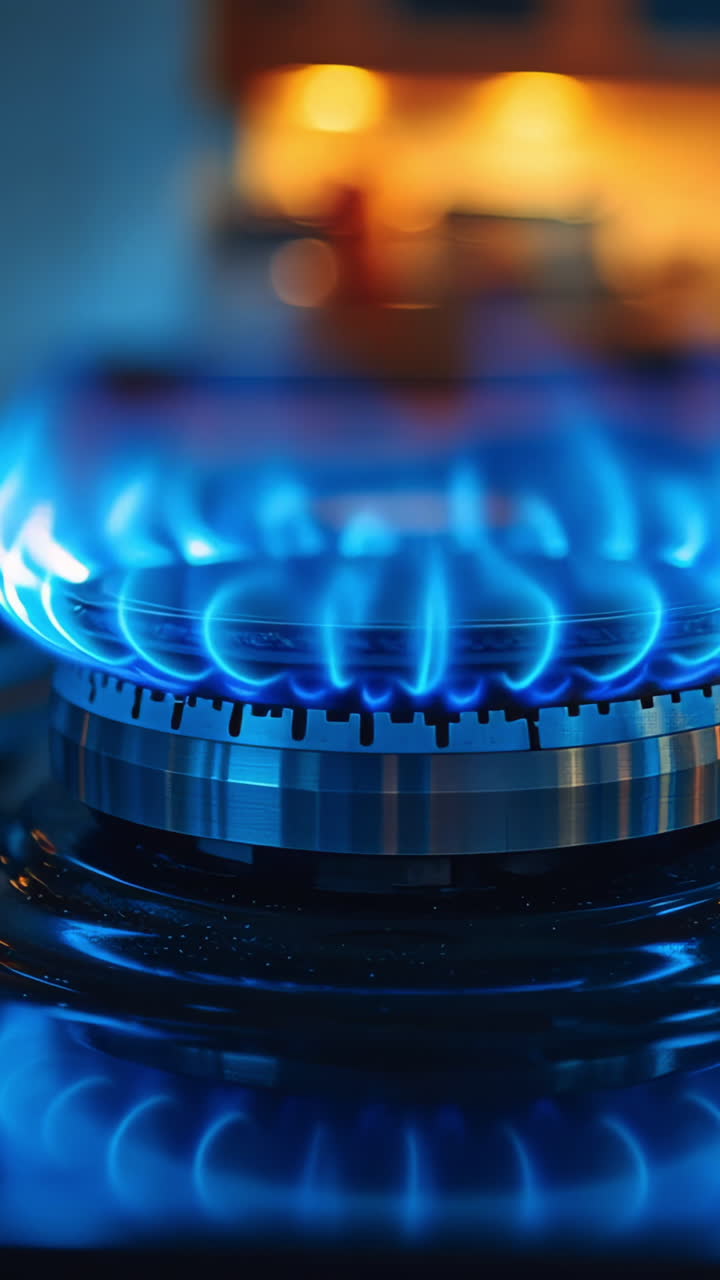 Flames dancing on a gas stove burner. Bright blue flames flicker on a gas stove burner in a cozy kitchen, illuminating its surroundings and creating warmth.