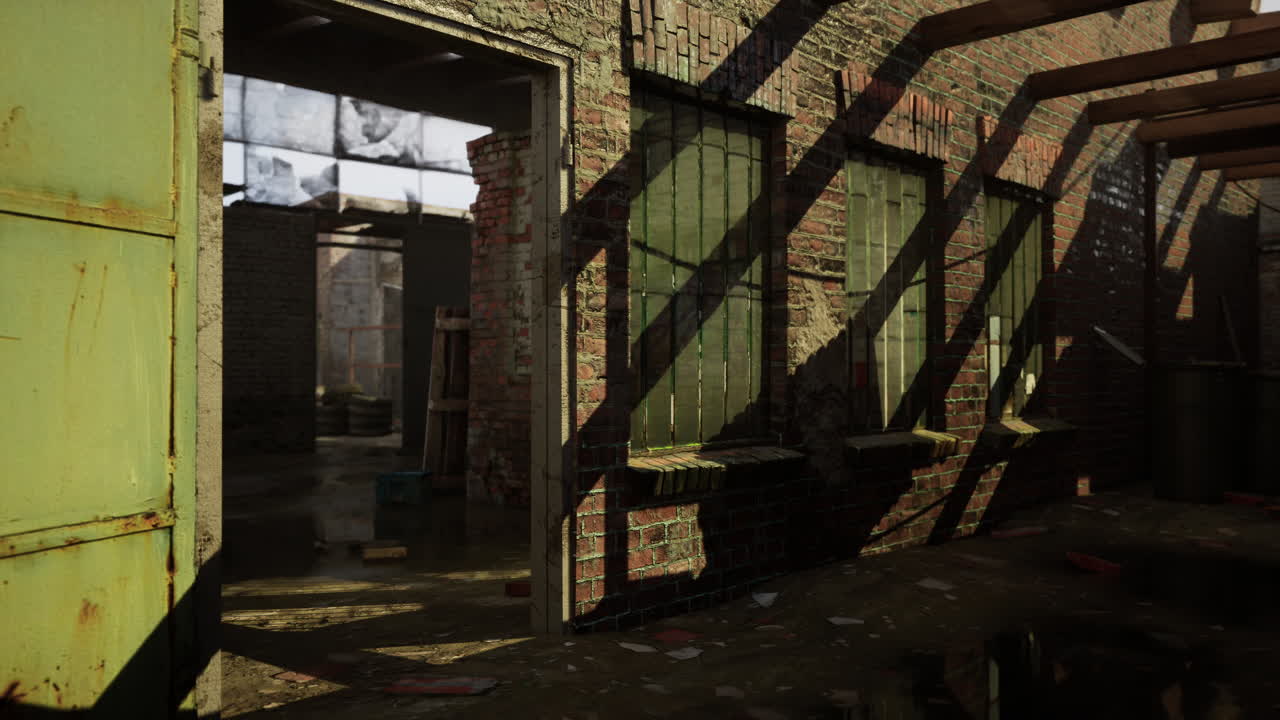 버려진 벽돌 건물의 폐허를 탐험하고 있습니다.