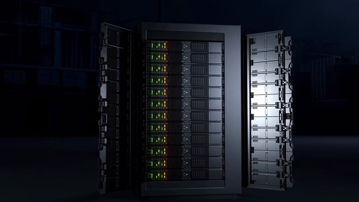 Rows of rack-mounted equipment remain exposed behind open side panels as indicator lights glow, cool low-key lighting shapes metallic surfaces while viewpoint moves closer with gentle sideways shift.