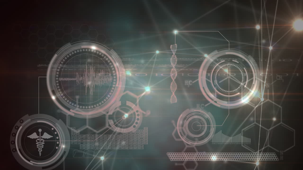 Animation of network of connections over data processing on black background