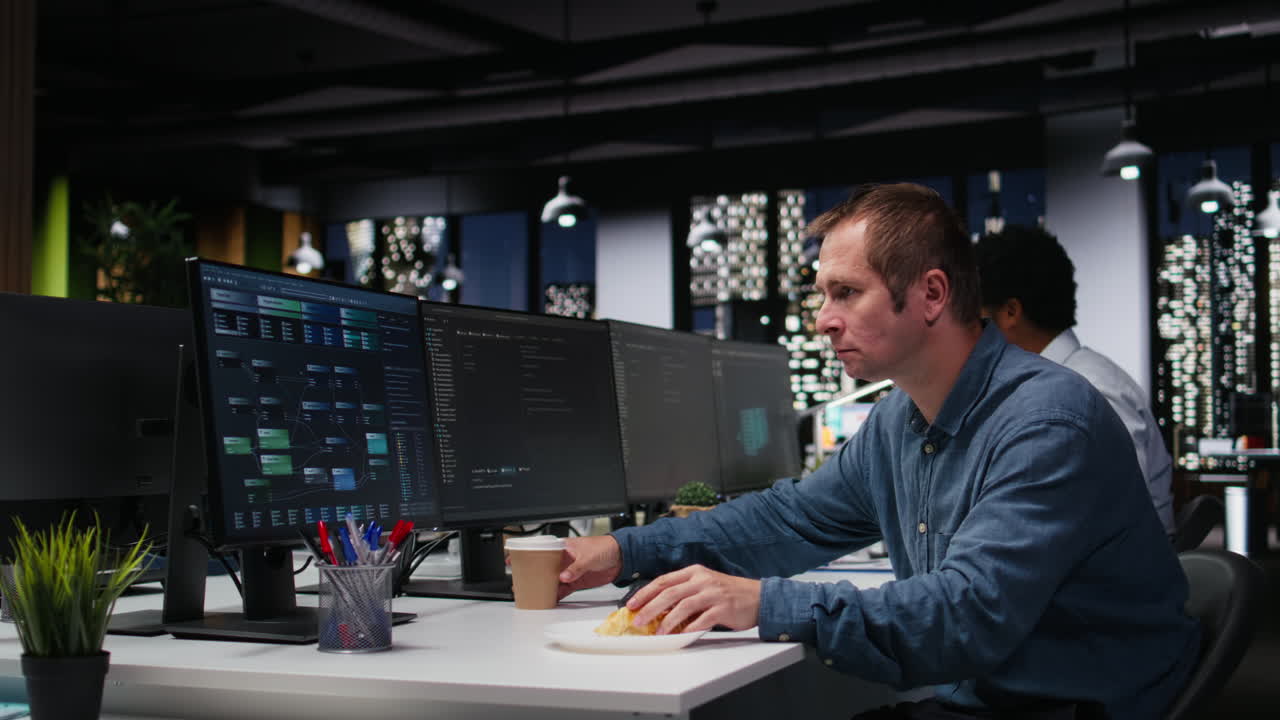 Man Working on Multiple Computer Screens and Eating Croissant at Night