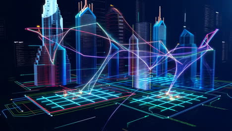 futuristic neon digital cityscape with data networks