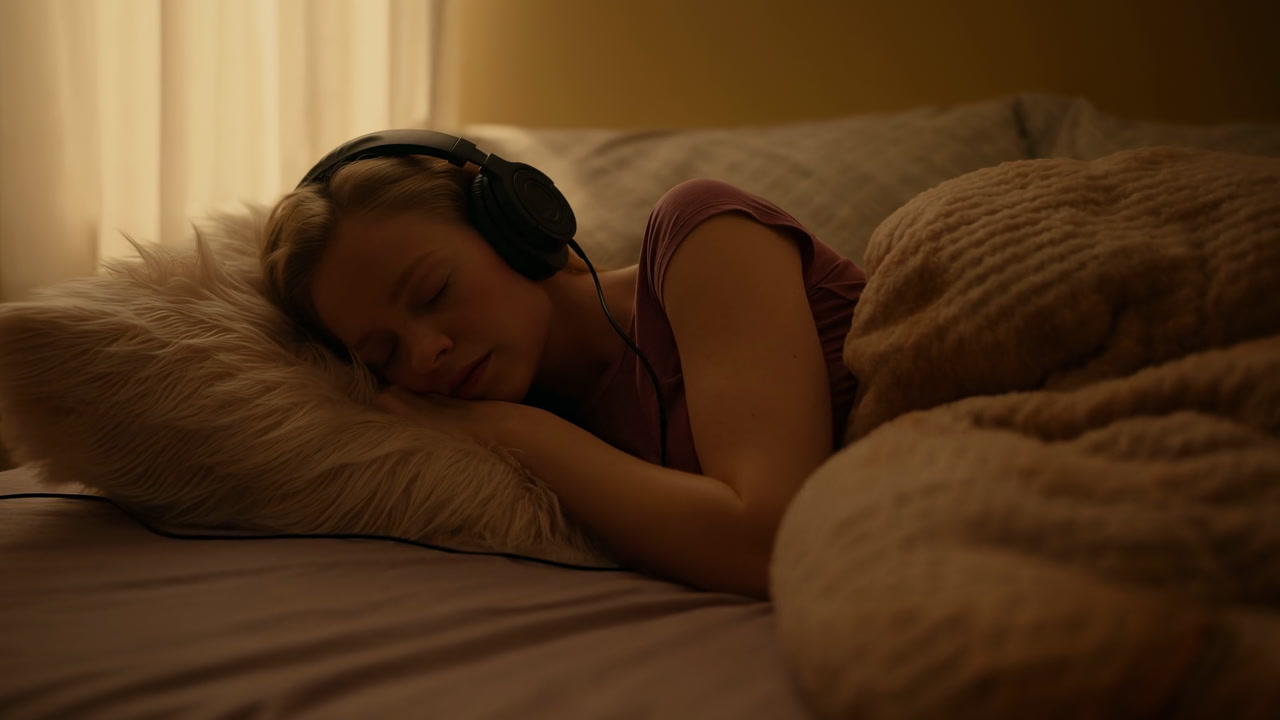Young Woman Sleeping With Headphones, Cozy Bedroom Bathed In Warm Golden Light, Plush Pillow And Knit Blanket,